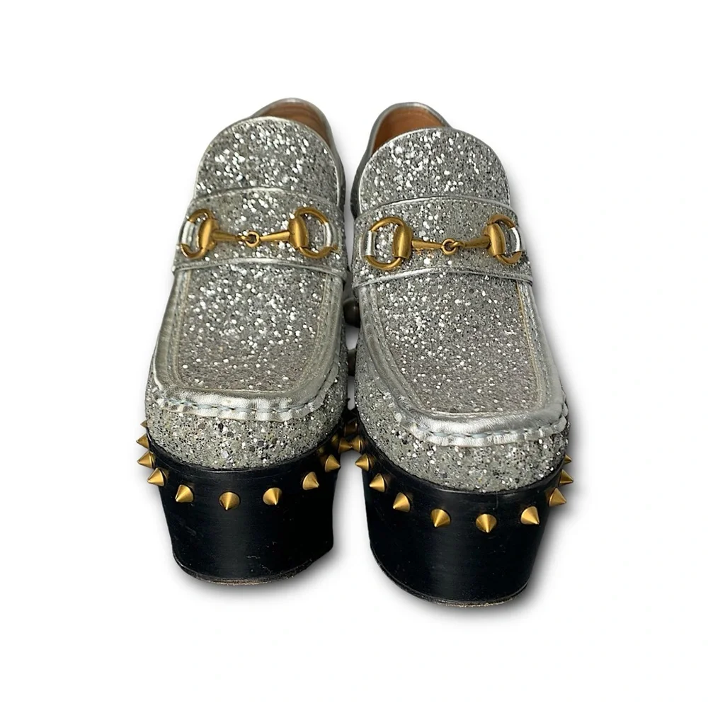 Gucci Vegas Silver Glitter Platform Loafers with Gold Stud & Spike Accents Rare